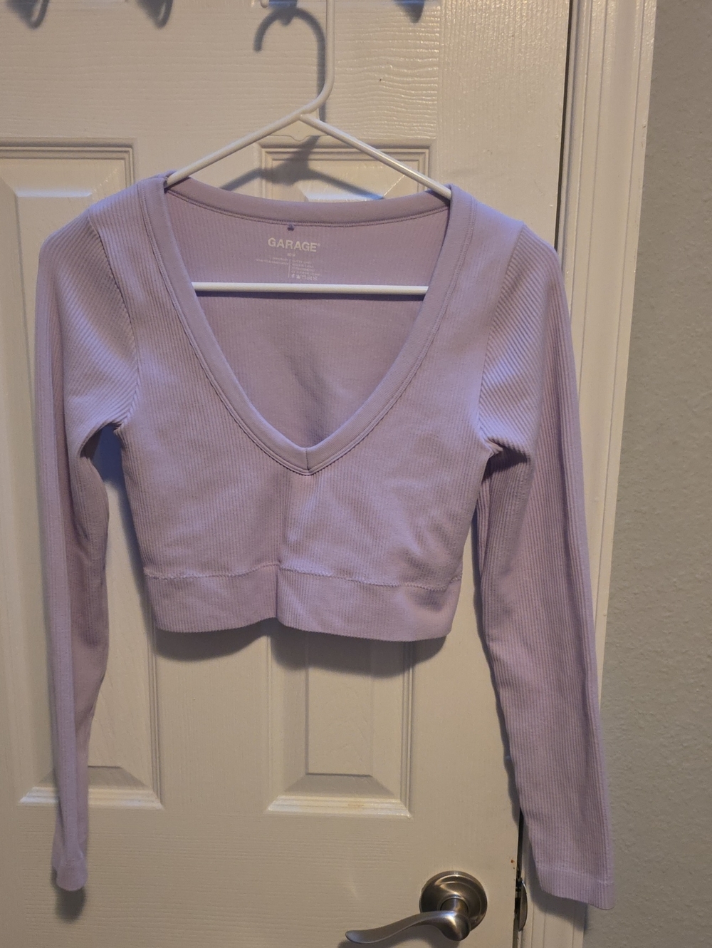 Garage Lilac Ribbed V-Neck Long Sleeve Crop Top